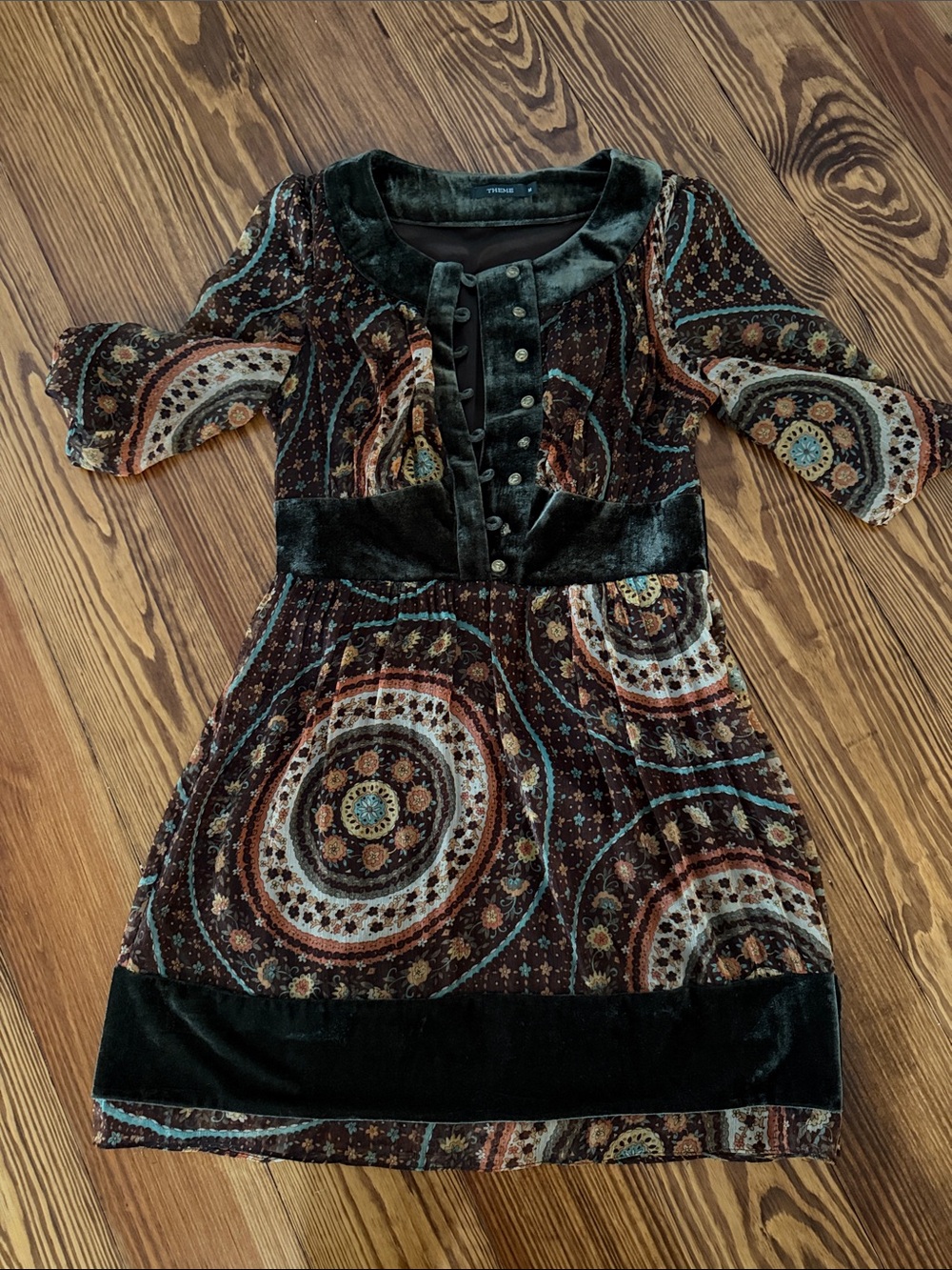 Theme Brown and green Velvet Medallion Mini Dress
